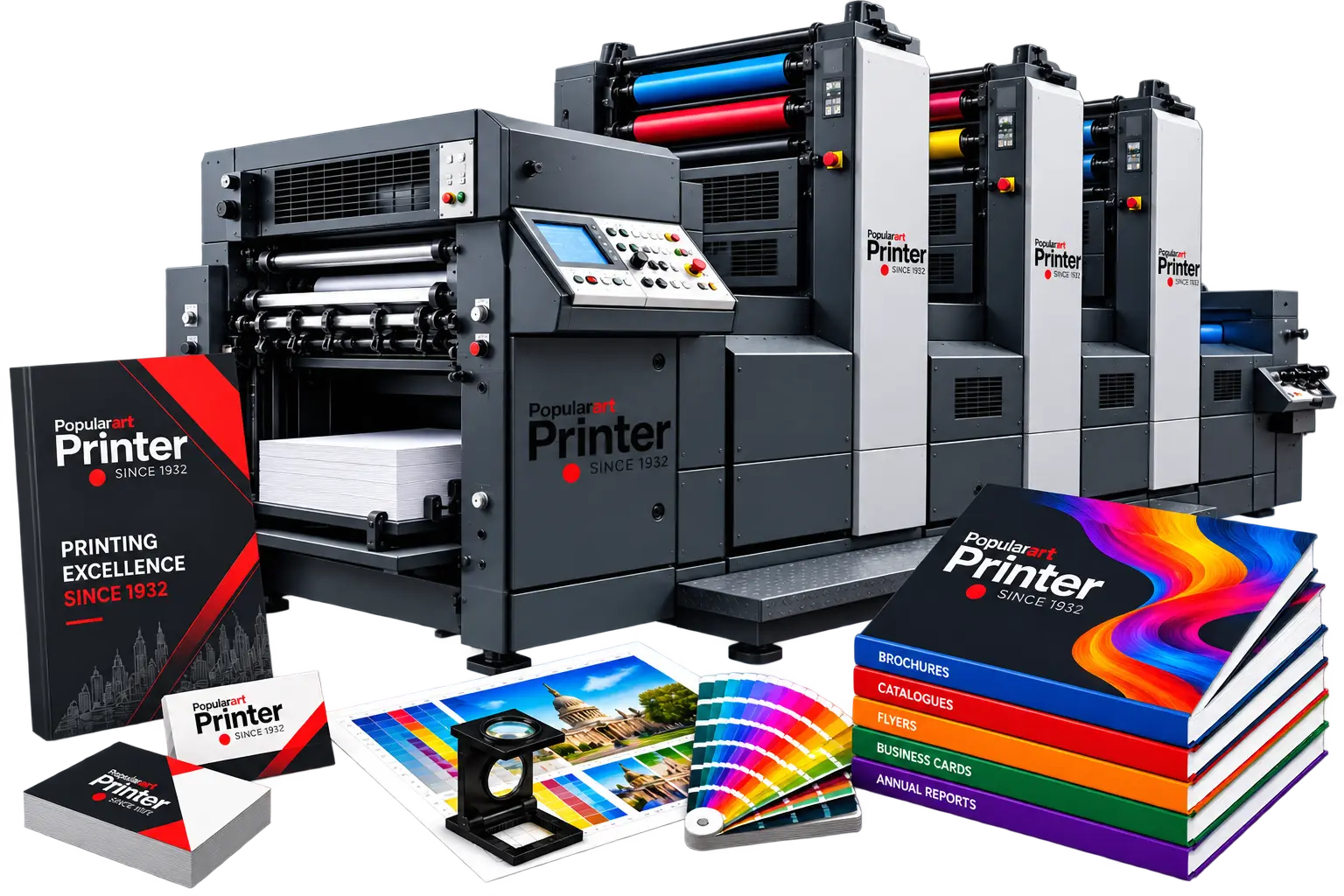 Multi-colour offset printing press with brochures, business cards, catalogues and colour proofs printed by Popular Art Printer, Kolkata