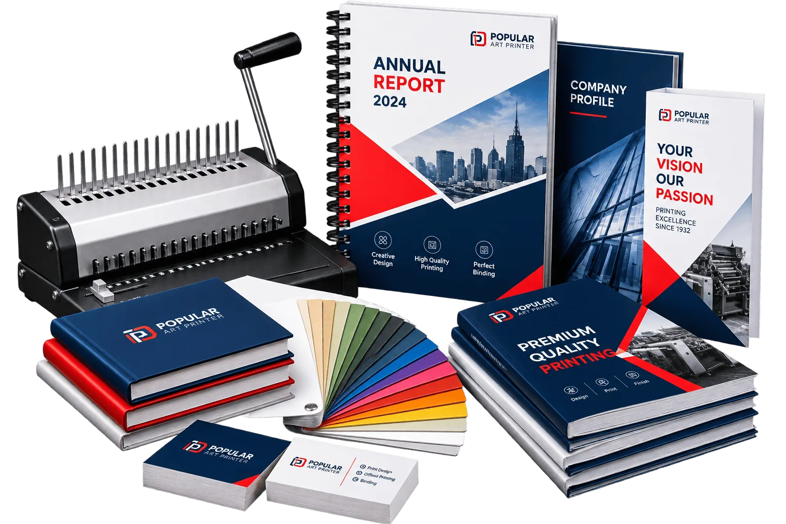 Comb binding machine with spiral bound annual report, hardbound books, colour swatch fan and business cards finished at Popular Art Printer