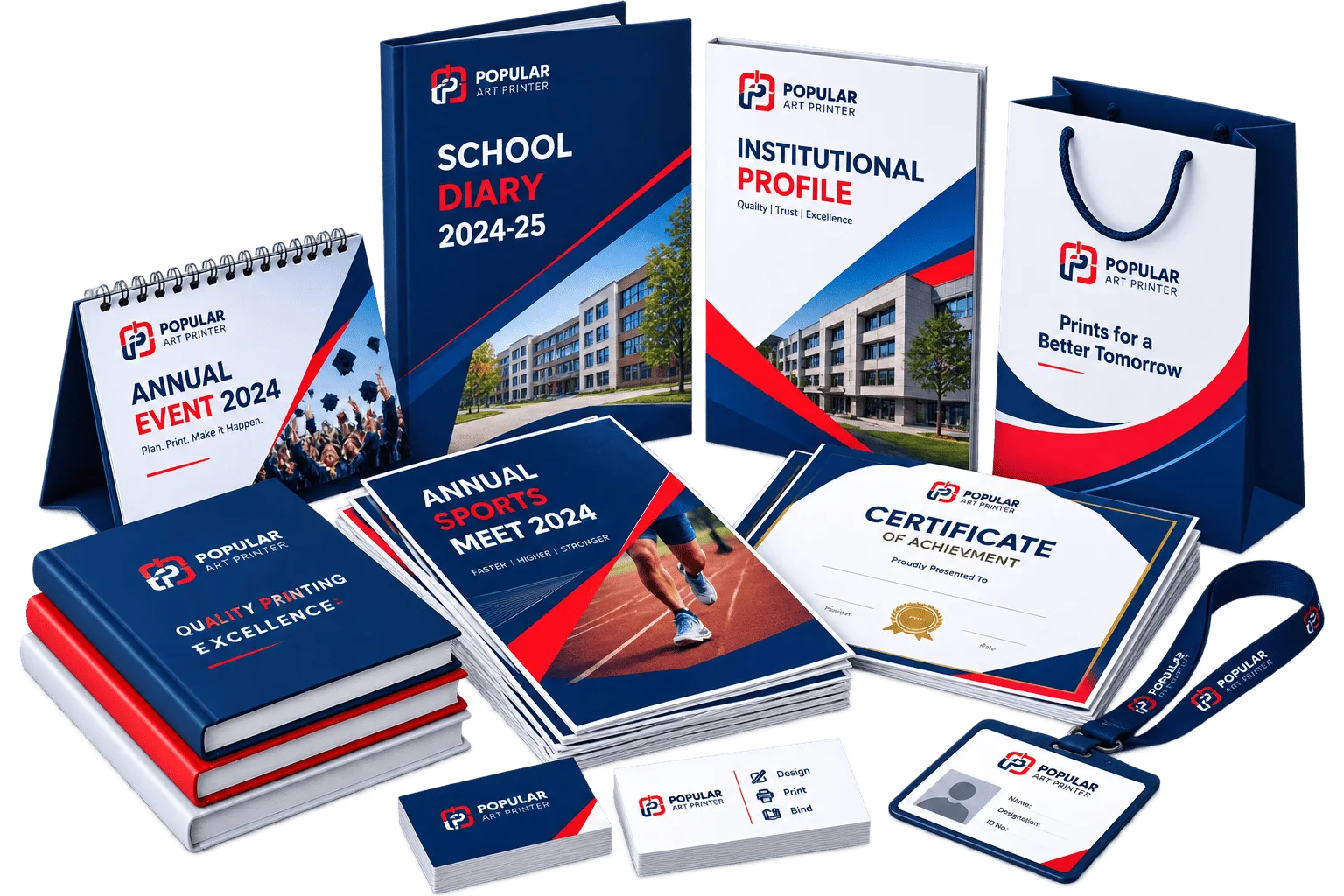School diaries, institutional profiles, certificates, ID cards, event calendars and business stationery printed by Popular Art Printer