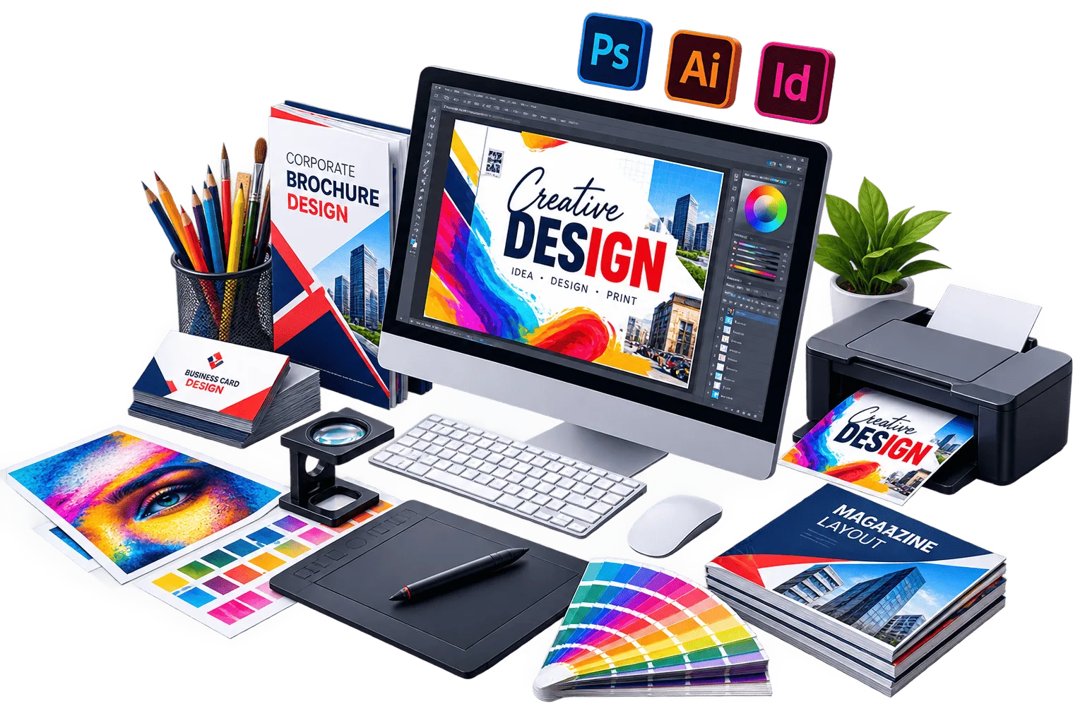 Design workstation with brochure, business card and magazine layouts, colour swatches and a proof coming off the printer